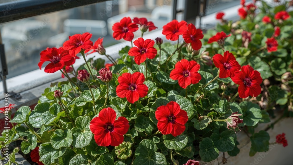 Obraz premium Vibrant crimson blossoms of Geranium on an outdoor patio