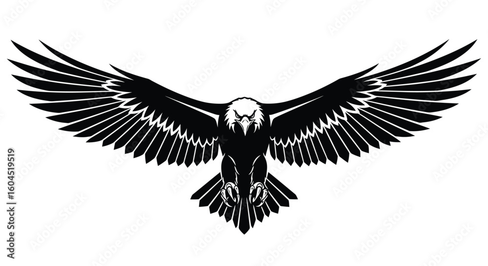 Naklejka premium A striking black and white illustration of an eagle with its wings fully extended, talons visible, against a white background.