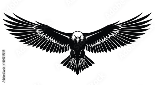 A striking black and white illustration of an eagle with its wings fully extended, talons visible, against a white background.