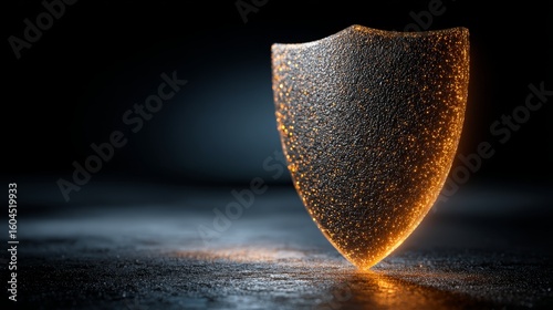 Glowing shield with sparkling particles on a dark background, symbolizing cyber defense.