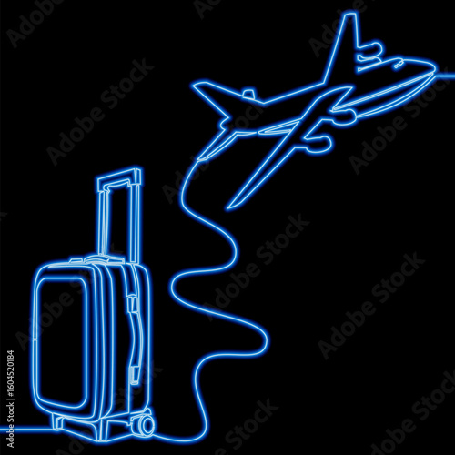Travel Suitcase with Airplane Journey, Vacation, and Adventure icon neon glow vector illustration concept