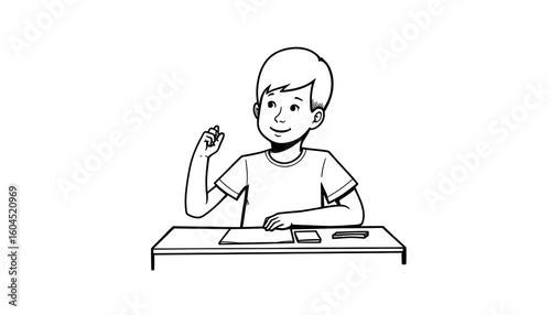 Young boy raising hand while sitting at desk in line art style  