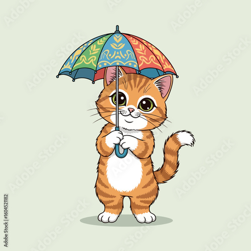 Ginger Cat Standing Under Umbrella with Colorful Design Illustration