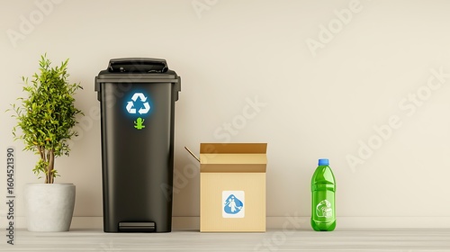 Wallpaper Mural Modern Recycling Setup with Bin, Box, and Bottle for Eco-Friendly Waste Management at Home or Office Environment Torontodigital.ca