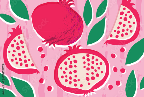 Seamless pink background with vector pomegranate illustrations. Ideal for textile prints, packaging, and decorative design