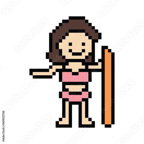 Pixel art cute cartoon one piece character woman bikini swimming suit game surf beach vacation decoration lifestyle female bikini  surfing 8 bit holiday relax pixel art png 8bit vector.