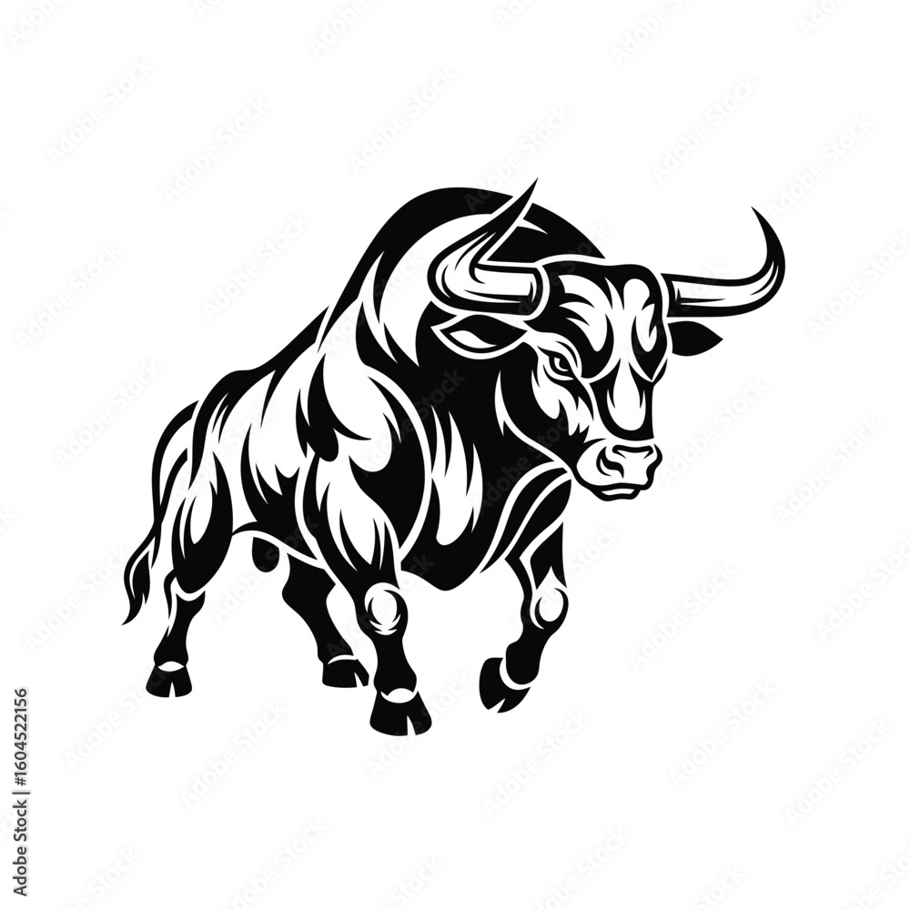 Fototapeta premium Bold black and white illustration of a powerful bull in a charging stance, ready to move.