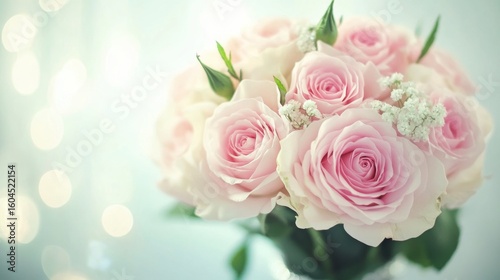 Elegant pink roses in a clear vase with soft background lighting