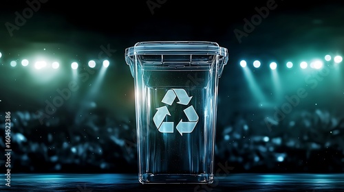 Transparent Recycling Bin with Recycle Symbol on Dark Background and Bright Light Effects for Environment Concept