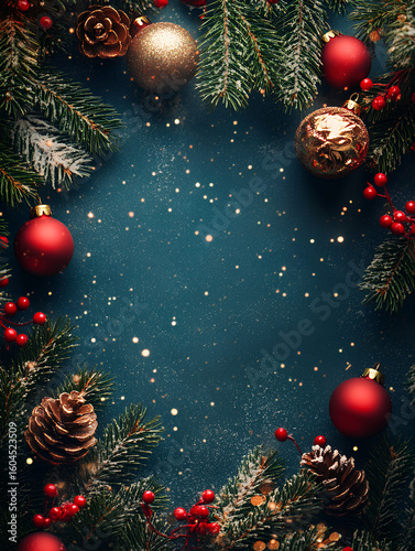 Festive Christmas frame with red and gold ornaments, pine branches and snowflakes on blue background