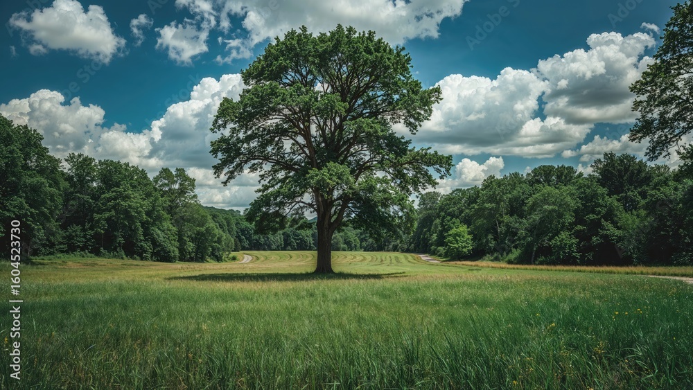 Obraz premium Summer landscape featuring trees, grass, and open sky