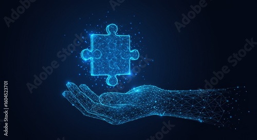 Hand Holding Puzzle Piece Digital Design with Blue Glowing Lines