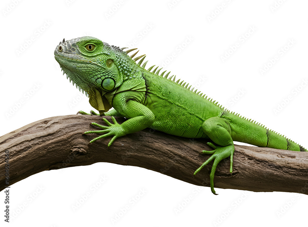 Fototapeta premium Green iguana perched on a branch isolated on transparent background