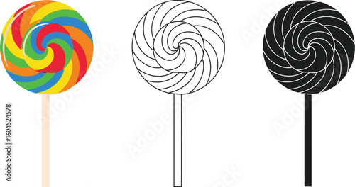 Lollipop candy vector illustration set, colorful swirl lollipops, outline and silhouette drawings