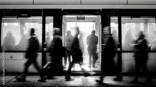 Black-and-white subway train with opened doors and motion blurred silhouettes of passengers.