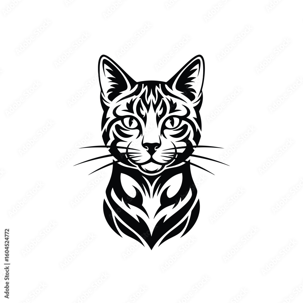 Obraz premium A stylized, symmetrical vector illustration of a cat's head and upper chest, featuring bold black and white tribal-inspired patterns.