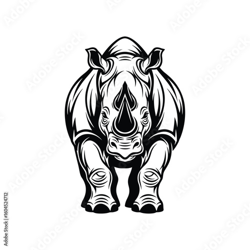 A detailed black and white vector illustration of a rhinoceros, facing forward with a powerful and imposing stance.
