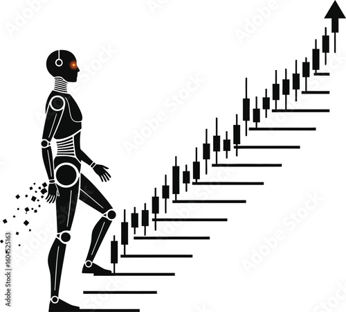Ai powered trading robot climbing stock market chart stairs for financial success concept design