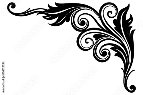 Elegant black floral swirl vector silhouette, a decorative corner element with an abstract leaf and scroll design, perfect for nature-inspired tattoo or ornate frame illustration