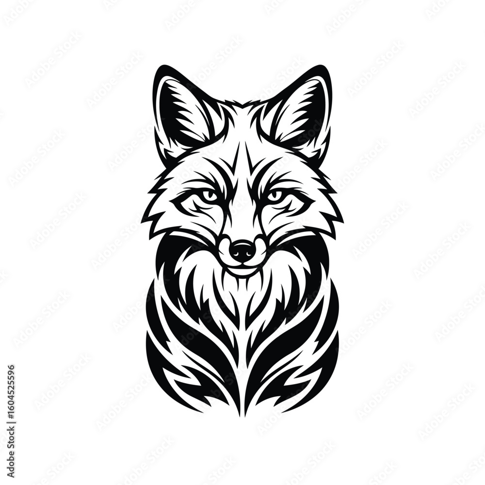 Obraz premium Stylized fox head illustration in black and white, featuring detailed fur patterns and a symmetrical design on a white background.