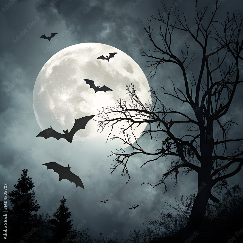 Fototapeta premium Mysterious night scene with bats flying under full moon and barren tree silhouette 