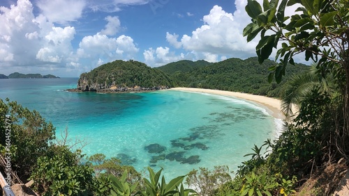 Fototapeta Naklejka Na Ścianę i Meble -  Enchanting dream beach with clear blue waters and gentle waves at a secret Banana Beach in a picturesque Asian island bay.