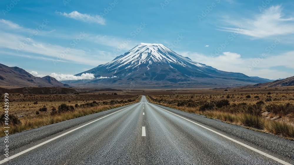 Obraz premium A straight, elongated road extending towards an icy mountain