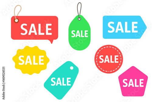 Bright colorful sale tags and price labels set, discount promotion stickers in speech bubble, round, arrow, starburst, pentagon shapes, isolated vector clipart for marketing and advertising design