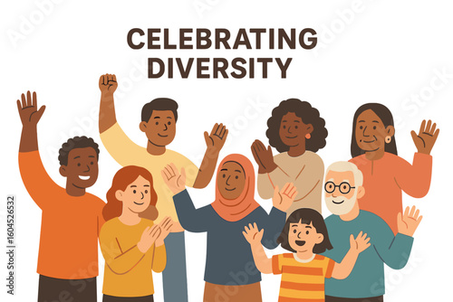 Diverse multicultural people celebrating together illustration. Happy men women children seniors, unity inclusivity equality teamwork, cartoon flat vector on transparent background
