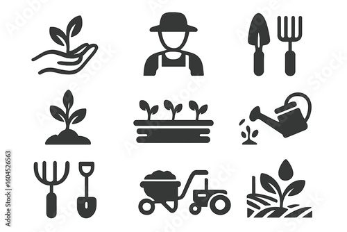 Organic farming and gardening icons set. Hand holding seedling, farmer avatar, shovel, rake, watering can, tractor, seedlings on bed. Agriculture tools, plant cultivation vector