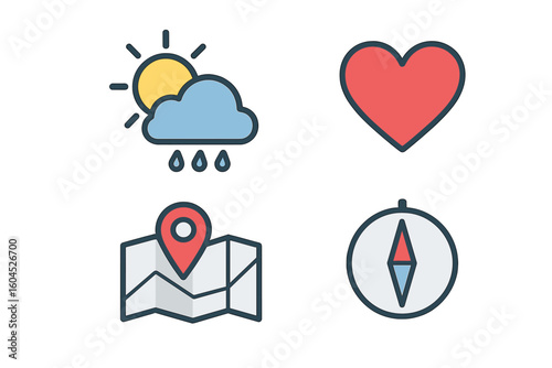 Line color icons showing sunny rain cloud weather, red heart symbol, folded map with GPS pin, round compass navigation. Modern UI travel app assets, isolated vector.