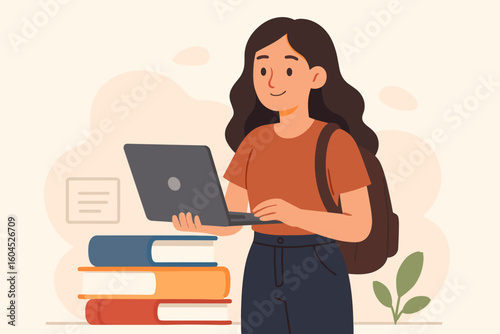 Female student character with laptop and backpack beside stack of textbooks, online education, e-learning, distance learning, university study, back to school flat vector illustration