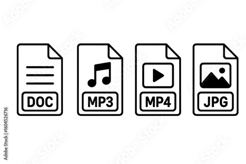 File format icon set of outline symbols: DOC document, MP3 audio, MP4 video, JPG image extensions, minimalist black line pictograms for UI menu buttons and apps, vector illustration