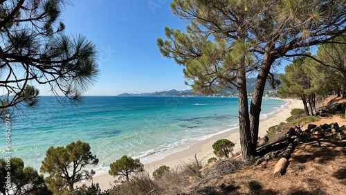 Fototapeta Naklejka Na Ścianę i Meble -  Beautiful shoreline view showcasing pinewoods, clear blue sea, and sandy beach during summer