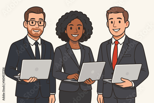 Diverse business team collaboration – three corporate colleagues in formal suits with laptop computers, smiling, confident leadership teamwork, vector cartoon illustration