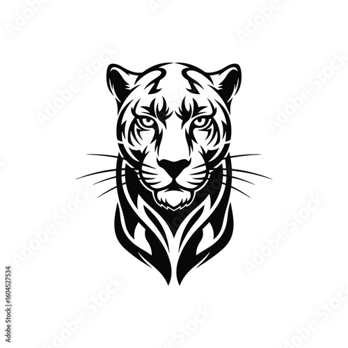 A stylized black and white illustration of a jaguar's head, featuring tribal-inspired patterns and a fierce expression.