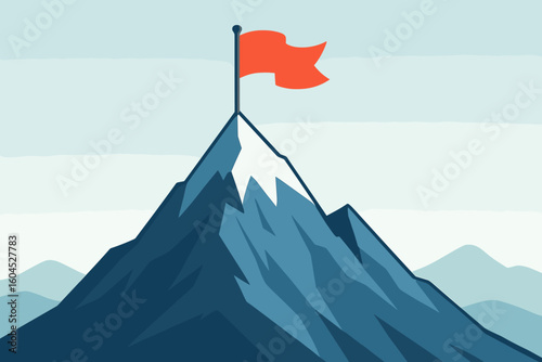 Success achievement business goal concept vector illustration mountain peak summit flag victory accomplishment leadership challenge target metaphor cartoon flat design