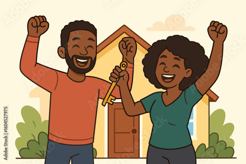 Happy African American couple celebrating homeownership success. Excited black family cheering with raised hands after buying new house. Real estate achievement vector