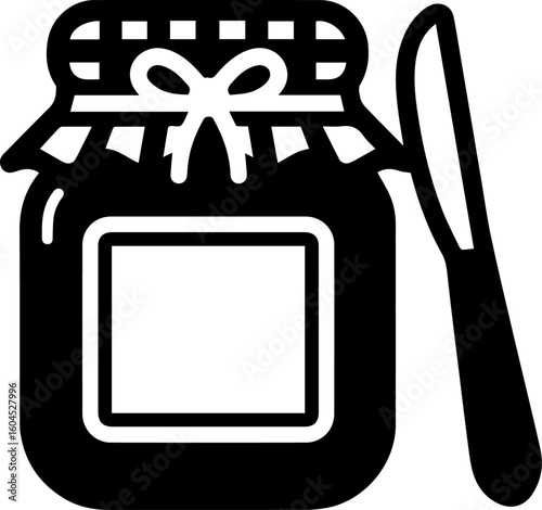 Jam Jar with Checkered Lid Vector Icon Black and White. transparent background