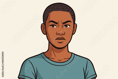 African American woman portrait vector illustration. Black female character with serious expression, short hair, casual teal shirt. Modern minimalist avatar design