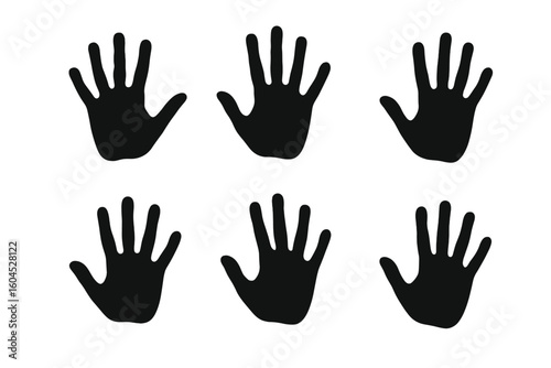Set of six black human handprint silhouettes, open palm raised hand gesture isolated on white background, stop sign, volunteer symbol, diversity inclusion concept vector illustration