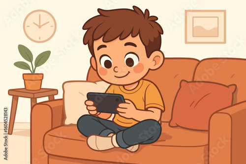 Happy child boy sitting cross-legged on cozy sofa using smartphone mobile device playing games digital entertainment home living room vector cartoon illustration