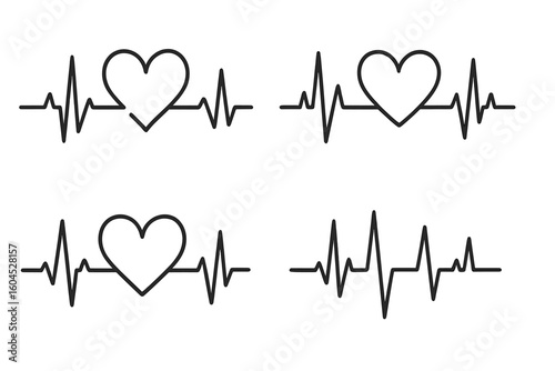 Heartbeat line vector set, continuous ECG monitor wave with heart shapes, cardiology pulse rhythm symbols for medical health care, love emotion, fitness tracker design isolated