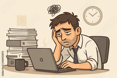 Burnout depression office worker stressed tired overwork workplace pressure mental health exhaustion overwhelmed business employee desk laptop papers deadline anxiety illustration