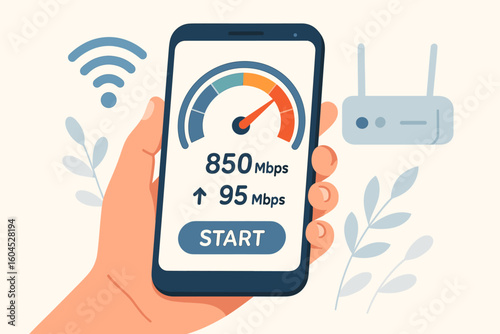 Internet speed test mobile app smartphone network performance measurement WiFi broadband connection speedometer gauge vector illustration technology concept