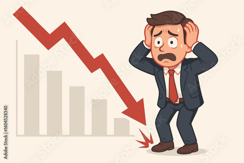 Business crisis recession bankruptcy concept. Stressed worried businessman despair failure economic downturn financial loss. Corporate collapse decline vector