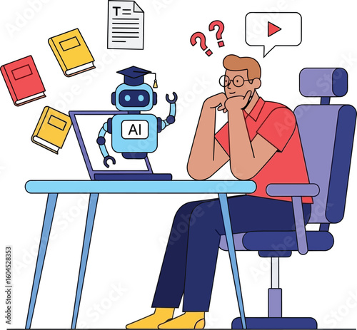 Ai learning education concept with robot teacher and student studying online course with laptop and books