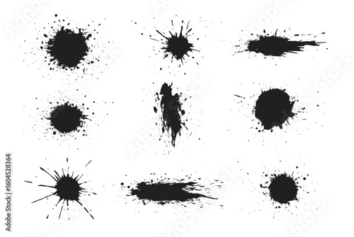 Ink splatter and paint splash vector set of 9 grunge spray blot stains, brush stroke drops, abstract messy marks isolated on transparent background for texture design elements
