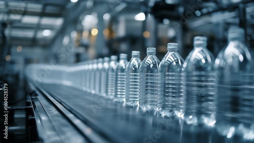 Plastic water bottle production line factory with clear plastic bottles moving on conveyor belt showcasing modern industrial manufacturing process