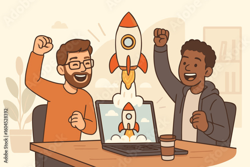 Successful business startup launch celebration. Two happy developers entrepreneurs cheering rocket project launch in office workspace. Team achievement success concept
